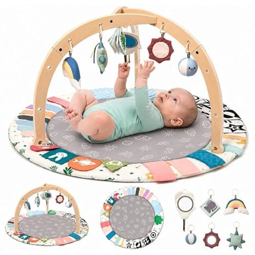 Baby Play Gym Mat with 5 Development Zones, Montessori Tummy Time Mat with 6 Detachable Sensory Toys for Motor Skills Development, Newborn Activity Gym for Babies, Easy Clean, Baby Essentials Gift