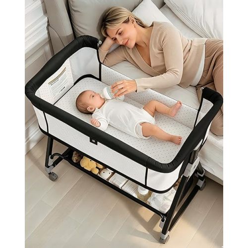 Baby Bassinets Bedside Sleeper with Wheels and Mattress, Cosleeping Baby Bed with Storage, Co-Sleeper Bassinet Attach to Bed, Bed Side Crib with Breathable Mesh, Height Adjustable (Black)