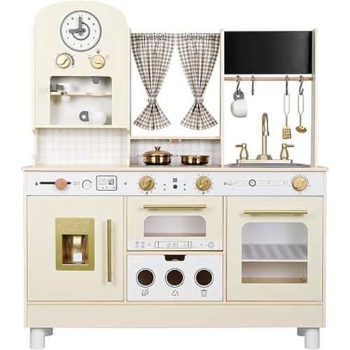 Kids Kitchen playset, Wooden Play Kitchen, Height Adjustable, Comes with Various Kitchen Accessories, Ideal Role Play Toy Gift for Toddlers and Kids Ages 3-8 (White)