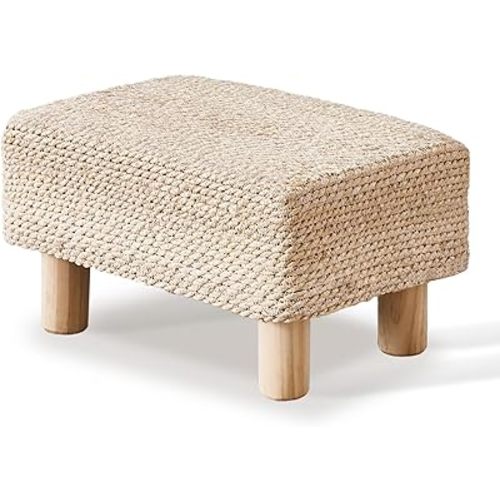 Wimarsbon Natural Seagrass Footstool Ottoman Rectangular Footrest Pouf Ottomans with Wooden Legs Hand Weave Step Stool for Living Room Bedroom Entryway Natural White