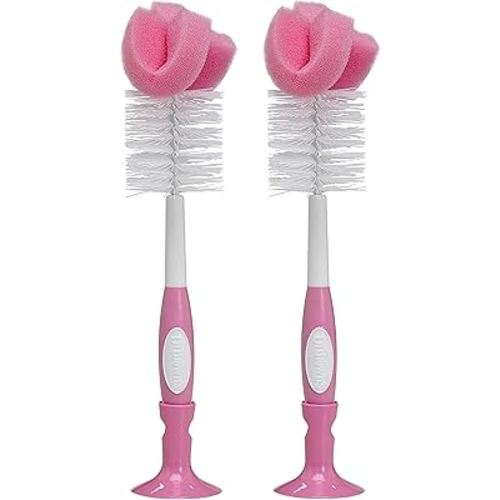 Dr. Brown's Reusable Sponge Baby Bottle Cleaning Brush with Suction Cup Stand, Scrubber and Nipple Cleaner, Pink 2-Pack
