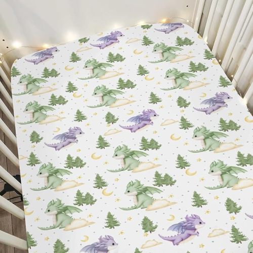 Fantasy Floral Dragons Baby Crib Sheets for Boy Girl 52"x28" Fairytale Dragon Gothic Black Purple Flowers Soft Snug Fitted Crib Mattress Cover Animal Baby Sheet for Standard Crib & Toddler Mattress