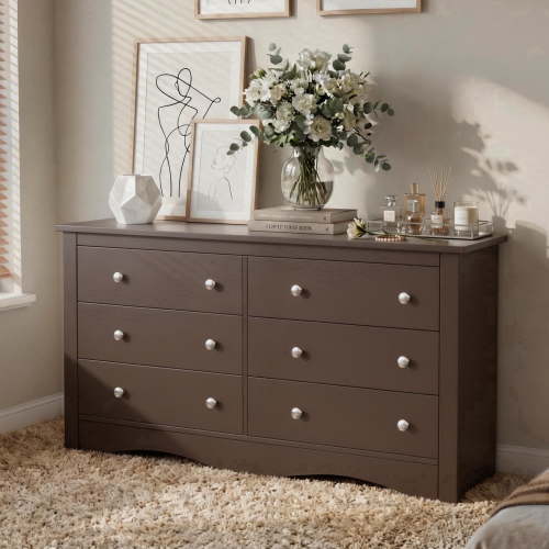 Homall 6 Drawer Dresser for Bedroom, 52'' Wide Wood Double Chest of Drawers with Metal Handles, Wide Storage Cabinet Organizer for Living Room, Brown
