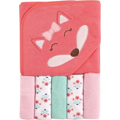 Luvable Friends Unisex Baby Hooded Towel with Five Washcloths, Cotton, Girl Fox, One Size