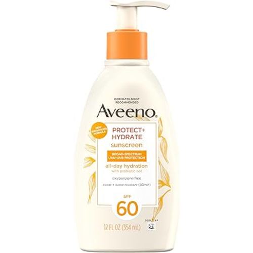 Aveeno Protect + Hydrate Sunscreen Moisturizing Lotion with Prebiotic Oat, Broad Spectrum SPF60, Paraben, & Oil Free, Weightless, Water & Sweat Resistant (80-min) for Sensitive Skin, 12 Fl Oz