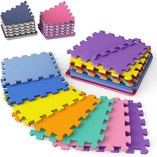 16 Tiles with Borders | 12" x 12" Baby Play Mat Foam Puzzle Floor Tiles | Non-Toxic Soft Waterproof Interlocking EVA Playmat for Nursery Playroom Playpen Toddler Tummy Mat