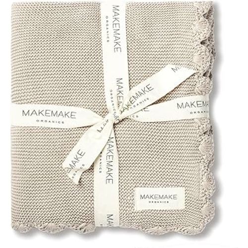 MakeMake Organics GOTS Certified Organic Cotton Baby Blanket - Newborn Modern Knit, Breathable Unisex Stroller Blanket for Boys and Girls (30x40, Beige)