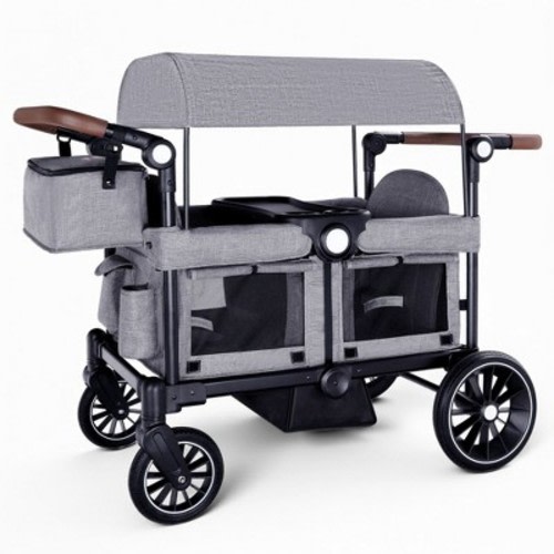 Kinder King Folding Wagon Stroller for 2 Kids, Adjustable Handle, All-Terrain Shock-Absorbing Wheel, Detachable Tray, Diaper Bag, Silver Grey