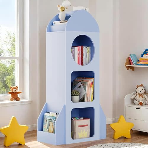 Arlopu 3-Tier Kids Bookshelf and Toy Storage, Rocket Space Theme Baby Cabinet with Side Shelves, Montessori Wooden Open Toddler Bookcase, Display Organizer for Nursery, Playroom, Kindergarten (Blue)