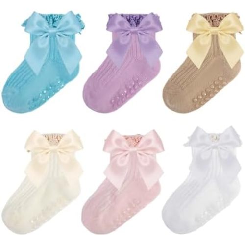 Baby Socks Baby Girl Non Slip Grip Ruffle Socks with Bows Soft Cotton Toddler Girl Sock with Grips Newborn Infant