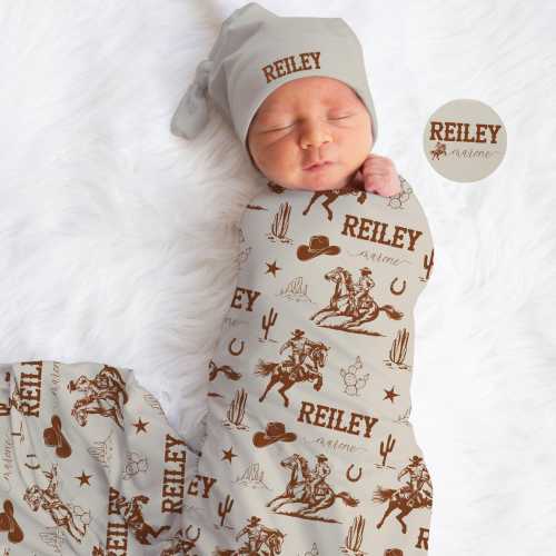 Personalized Cowboy Baby Blanket, Western Swaddle and Hat