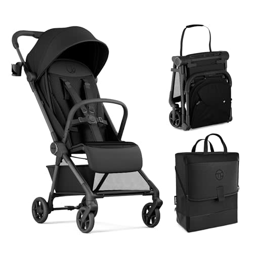 Mompush Nexis Carbon Fiber Travel Stroller with Travel Bag, Carry-On, Black | Lightweight travel stroller for airplane, compact auto-fold, one-hand recline, XL basket, cup holder, travel bag included