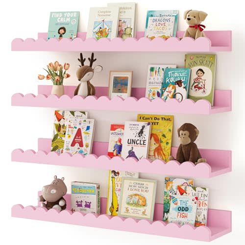 Shario Nursery Book Shelves, 4-Pack White Floating Shelves for Wall Kids, Scalloped Shelves, Wall Book Shelves for Bedroom Kids, Toddler Room, Baby Room, Nursery Decor(Pink, 23 Inches)