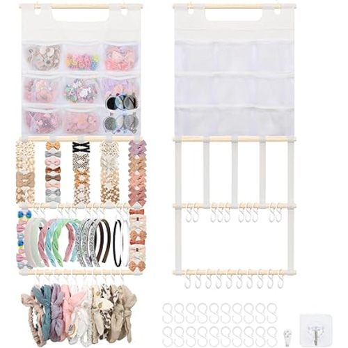 Headband Holder, Bows Organizer for Girls, Nursery Wall Hanging Clip Storage w/ 20 Hooks, Hair Accessories Organizer for Toddler Room Decor 15x33inch