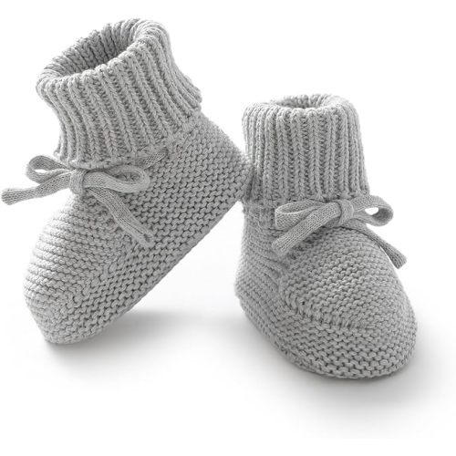 Baby Booties Newborn First Walkers Cozy Shoes Warm Knit Soft Booties for Toddler Infant Boy Girl - 0-3 Months Infant - Grey