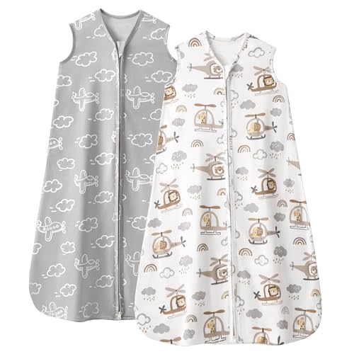 FIEMOL Baby Sleep Sack 0-6 Months, 0.5 TOG Wearable Blanket for Baby Boy and Girl, 2-Way Zipper Newborn and Infant Sleeping Bag 2 Pack, Lightweight Sleep Sacks Grey Helicopter（Small）