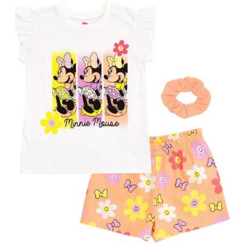 Mickey Mouse & Friends Minnie Mouse Tank Top French TerryShorts and Scrunchie 3 Piece Outfit Set White / Orange Flowers 12 Months