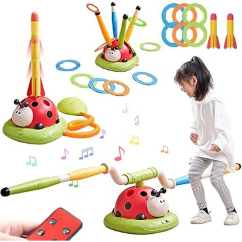 Pobaiyi 3 in 1 Musical Jump, Toss Ring Game and Stomping Launch Rocket Launcher for Kids Outdoor Toys with Remote Control, Indoor Outside Toy for Kids Ages 4-8 Toys for Ages 5-7 8-13 Birthday Gifts