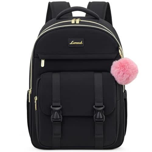 LOVEVOOK School Backpack for Teen Girls, Student Backpack Purse for 14-16 Teenage, Cute Kid Bookbag, Back to School Backpacks Fit 15.6 Inch Laptop, Large College Travel Bag, Black