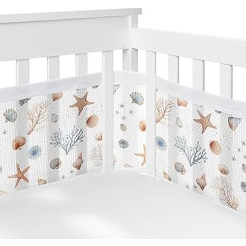 Sweet Jojo Designs + BreathableBaby 2-Piece Breathable Mesh Crib Liner Set (Ocean Seashells) for Boys/Girls, Baby, Infants/Newborn Nursery (Nautical, Beach Theme, Watercolor, Starfish, Coastal, Sea)