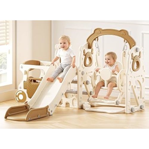 Toddler Slide and Swing Set, Bus Themed Kids Slide with Climber, Indoor Outdoor Playset for Toddlers Age 1-3, Beige Coffee