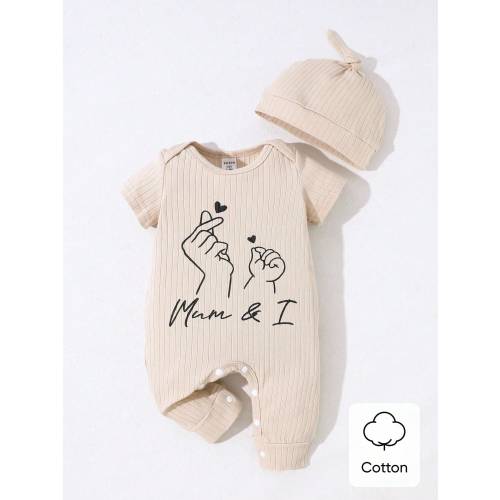 SHEIN 2pcs Newborn Infant Baby Boys Girls Beige Summer Casual Family Matching Knitted Letter Printed Short Sleeve Jumpsuit & Hat Set Mother's Day Clothes