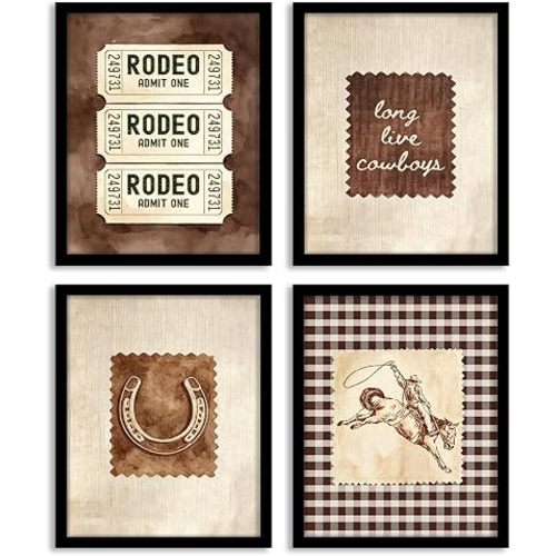 WEFKODO Vintage Rodeo Western Long Live Cowboys Nursery Toddler Bedroom Wall Decor,Boy Wall Decor for Boys Bedroom Room,Vintage Horseshoe Art Painting Pictures,8x10 Unframed 4Pcs