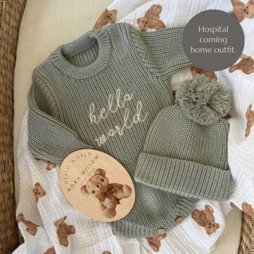 Baby newborn knit set, Newborn outfit, Neutral baby knits, Newborn photoshoot Outfit, Birth Announcements, New baby Gift, Romper Hello world
