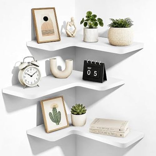 Solid Wood Corner Floating Shelves, L-Shaped, White, Set of 3