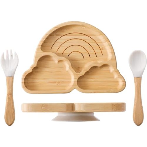 let's make Marble Plate Set, 4 Pieces Bamboo Suction Place Setting for Baby-Led Weaning Feeding Set, Rainbow Design
