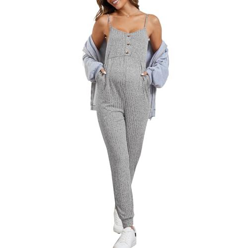 OYOANGLE Women's Maternity Ribbed Knit Cami Jumpsuit Button Spaghetti Strap Pregnancy Romper with Pockets