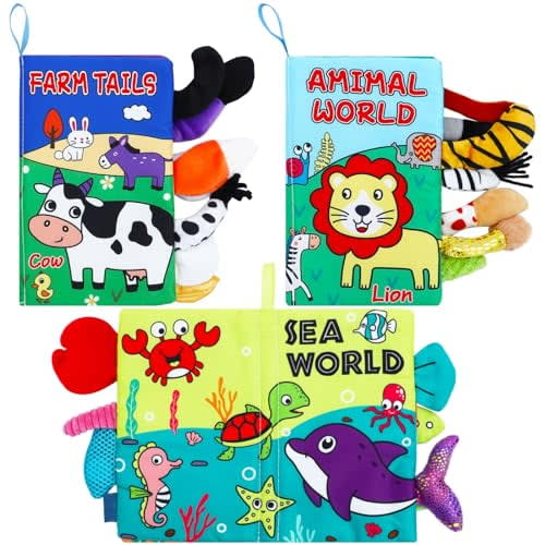 3 Pieces Baby Soft Cloth Books 0-6 Months High Contrast Sensory Baby Toys 6 to 12 Months Crinkle Touch Feel Teething Carseat Newborn Shower Gift,Farm/Animal/Sea