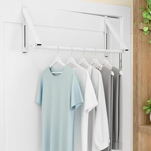 Over The Door Clothes Hanger Rack Foldable Space-Saving Over The Door Hooks for Laundry Drying Bathroom Towels & Home Office(White)