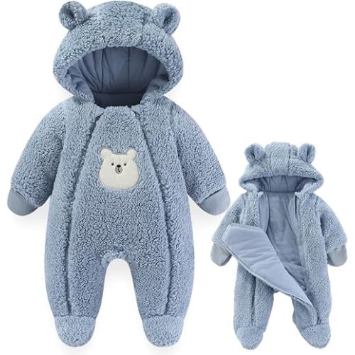 Fairy Baby Newborn Baby Winter Snowsuit Bear Thick Romper Footie Double Zip Hooded Jumpsuit Fleece Coat Infant Boy Girl 0-12M