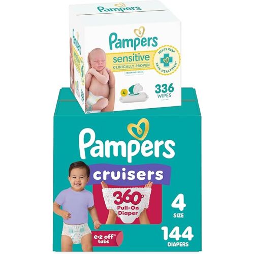 Pampers Pull On Cruisers 360° Fit Disposable Baby Diapers Size 4, One Month Supply (144 Count) with Sensitive Water Based Baby Wipes 6X Pop-Top Packs (336 Count)