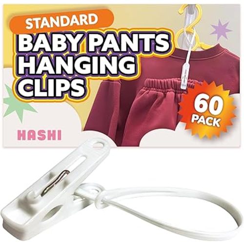 HASHI Baby Clothes & Pants Clips, Non-Slip Hanger Clips with Strong Grip, Space-Saving Organizer for Baby & Toddler Laundry, Closet, Socks, Stroller, Travel & Drying Rack (60, Standard)