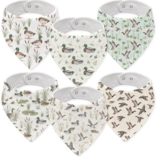 6-Pack Baby Drool Bibs for Baby Boys Girls, Mallard Duck Cotton Baby Bibs for Drooling Teething Feeding, Soft Absorbent Bandana Bibs with Adjustable Snaps for Newborn Infants