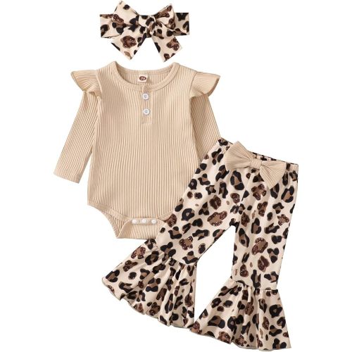 fhutpw Newborn Baby Girl Clothes Rib Frill Romper Leopard Flared Pants Set
