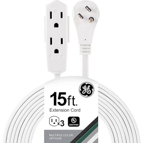 GE 3-Outlet Flat Extension Cord 15 Ft Grounded Extension Cord with Multiple Outlets 3 Prong Outlet Extender Flat Plug Power Strip Indoor 16 Gauge UL Listed White 56986