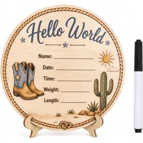 Señal de anuncio de bebé Western Cowboy Hello World Nombre de nacimiento