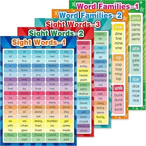 Outus Educational Posters Sight Words and Word Families Sight Words Posters Educational Charts, Classroom Decorations Learning Charts for Preschool, Kindergarten, Nursery, Homeschool, Playroom Decor