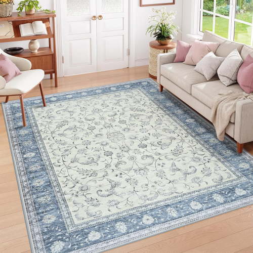 Wondo 6x9 Ft Light Blue Floral Area Rug - Machine Washable Low Pile Non-Slip Carpet, Boho Vintage Farmhouse Decor for Living Room, Bedroom, Nursery & Office