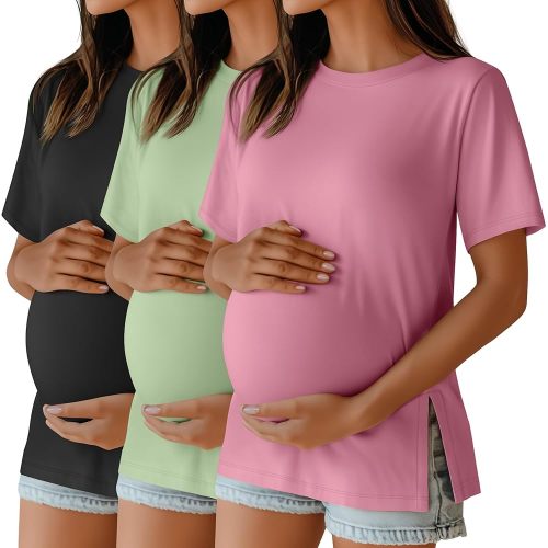 Ficerd 3 Pack Women's Maternity T Shirts, Short Sleeve Side Split Pregnancy Tops Casual Crew Neck Pregnant Tees Mama Clothes