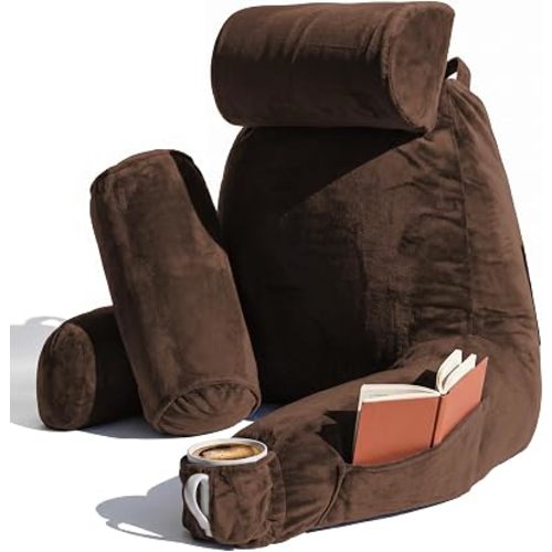 Nestl Reading Pillow with Shredded Memory Foam Includes 2 Neck and Lumber Support Pillows, Designed for Sitting Up in Bed and Couch, Back and Arms Adjustable Support for Adult & Teens, Chocolate Brown