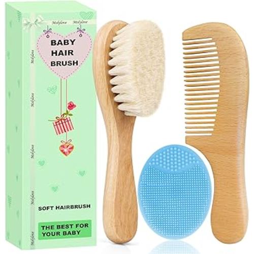 Baby Hair Brush with Wooden Handle and Comb Set for Newborns & Toddlers | Natural Soft Goat Bristles l Wood Comb l Blue Cradle Cap Brush| Ideal for Cradle Cap (3 Piece)