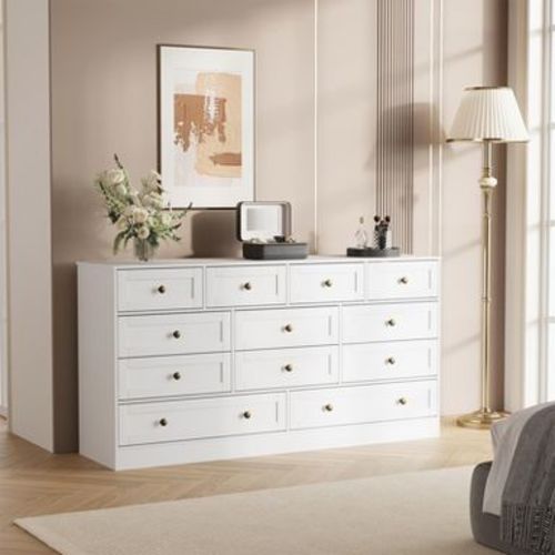 12 Drawers Wood Dressers for Bedroom, Wooden Chest of Drawers Clothes Storage Organizer for Living Room, Hallway, Modern Wide TV Stand Dresser
