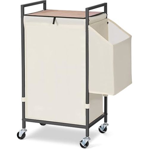 Laundry Hamper with Rustic Brown Lid & Wheels; 96L Large Rolling Laundry Basket with Removable Oxford Liner Bag; Tall Freestanding Dirty Clothes Hamper with Side Pocket; Metal Frame Laundry Cart