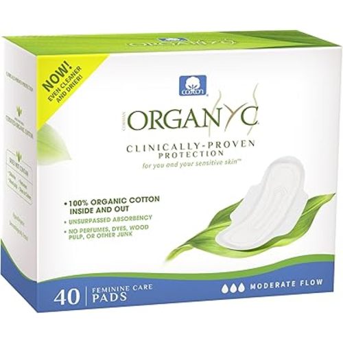 Organyc - 100% Certified Organic Cotton Inside and Out Feminine Pads, Sanitary Napkin 40 Count, Moderate Flow, Regular Absorbency, New Larger Size Packaging
