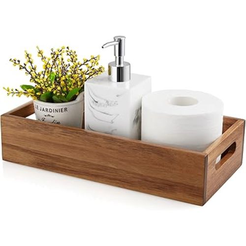 ALELION Acacia Wood Bathroom Storage Basket for Organizing - Toilet Paper Basket with Handle for Back of Toilet Tank Top Topper - Small Narrow Baskets for Kitchen Pantry Garage Laundry Room Storage