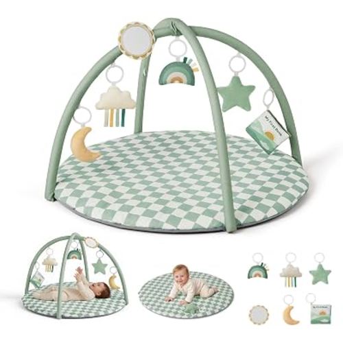 Blissful Diary Baby Play Gym Mat, Play Mat Activity Mat with 6 Detachable Toys for Stage-Based Sensory & Motor Skill Development, Easy to Install & Clean, Baby Essentials Gift, Sage Checkerboard